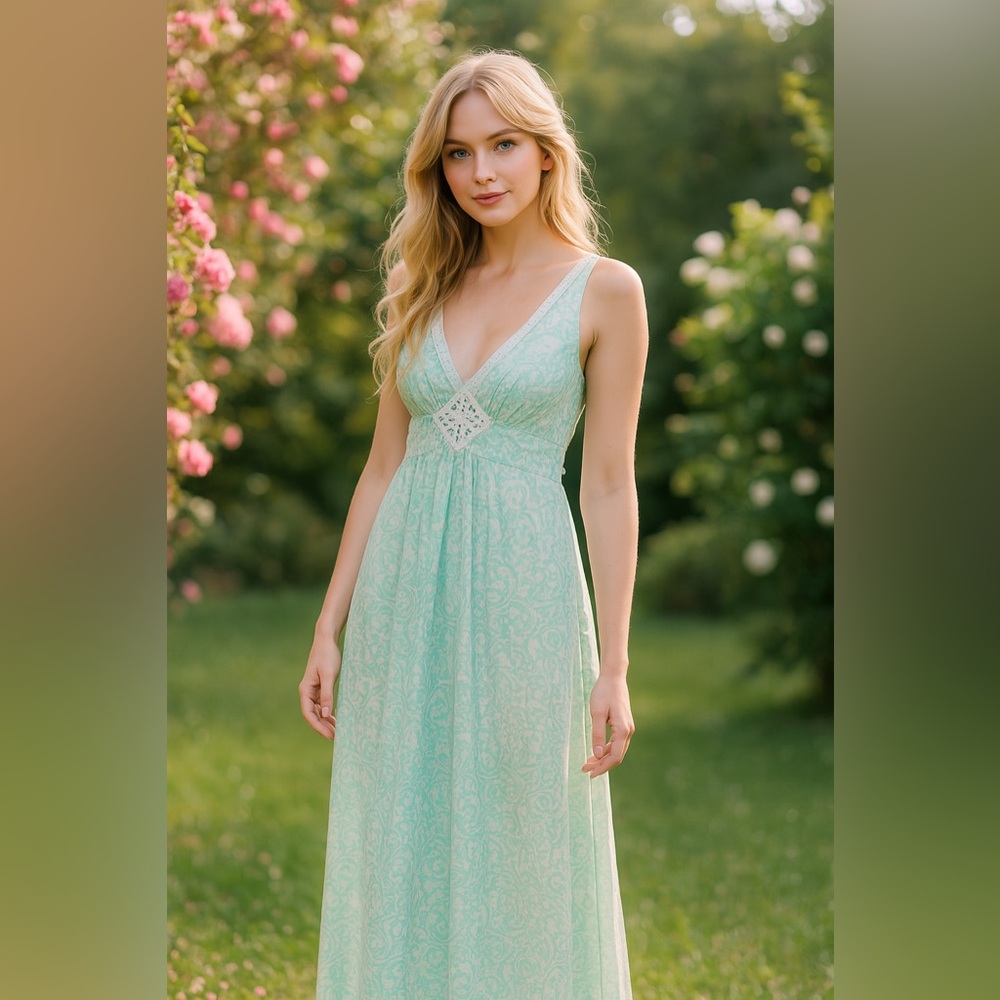 Fairycore Cottagecore Floral Maxi Dress Light Blue Whimsical Romantic Size 16